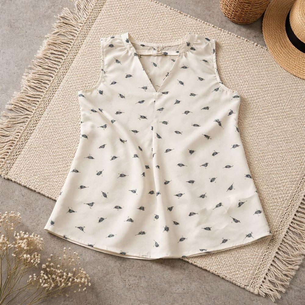 Women's Maurices Cream Black Bird Print Sheer Sleeveless Keyhole Flowy Blouse S